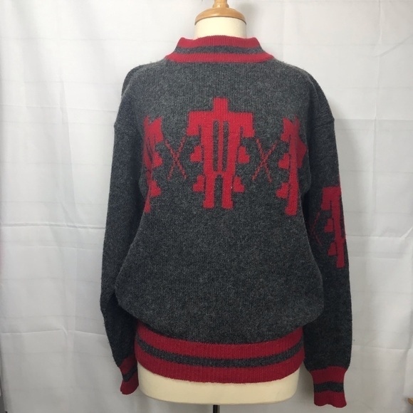 Vintage Grandpa sweater  70% wool Sz L gray/red - Picture 2 of 6